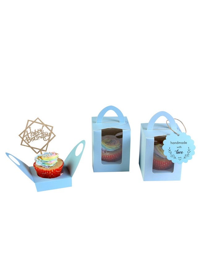 mudrit Individual Cupcake Boxes, Single Cupcake Containers, Cupcake Carriers with Handle, Clear Window, Insert Trays, Tags and Jute Twine (Blue, 50pcs) - Image 4