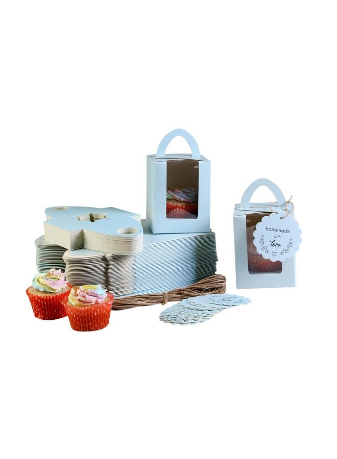 mudrit Individual Cupcake Boxes, Single Cupcake Containers, Cupcake Carriers with Handle, Clear Window, Insert Trays, Tags and Jute Twine (Blue, 50pcs) - Image 1