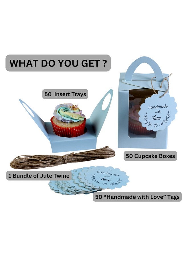 mudrit Individual Cupcake Boxes, Single Cupcake Containers, Cupcake Carriers with Handle, Clear Window, Insert Trays, Tags and Jute Twine (Blue, 50pcs) - Image 2