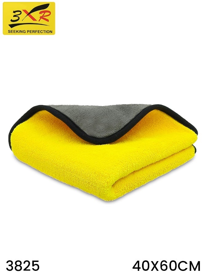 3XR منشفة تنظيف ميكروفايبر مزدوجة الجوانب 40x60 سم (موديل 3825) – قماش فليس مرجاني عالي الامتصاص لتنظيف السيارات والأغراض المنزلية، أصفر-رمادي، تجفيف سريع، خالية من الخدوش، قماش للتنظيف والتلميع قابل لإعادة الاستخدام - Image 1