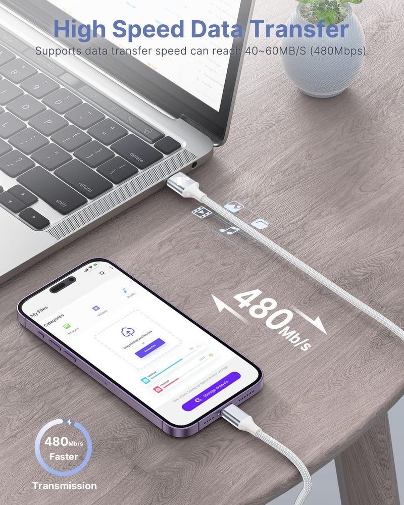 اييونوس كابل آيفون بطول 1 متر، كابل شاحن آيفون معتمد MFi، كابل USB A إلى Lightning، سلك شحن مضفر من النايلون متوافق مع آيفون 14، 13، 12، 11، برو ماكس، ميني، XS، XR، X، 8، 7 بلس، آيباد. - Image 2