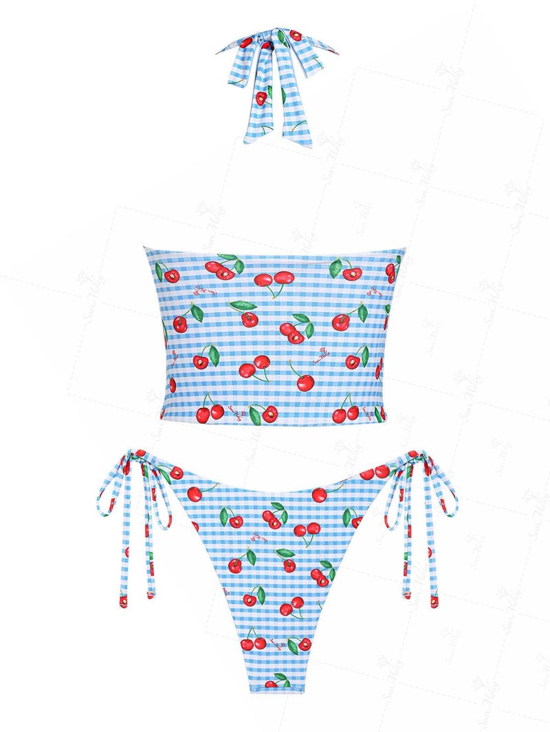 Tankini Set Vintage Gingham Cherry Print Sky Blue - Image 2