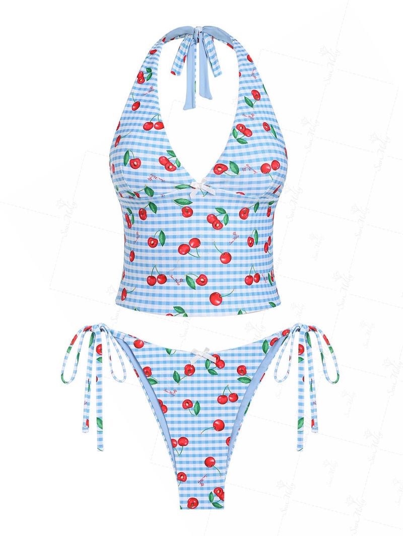 Tankini Set Vintage Gingham Cherry Print Sky Blue - Image 1