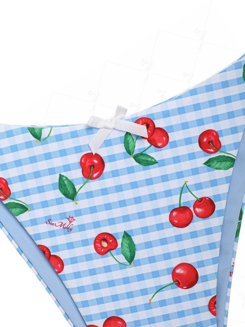 Tankini Set Vintage Gingham Cherry Print Sky Blue - Image 5