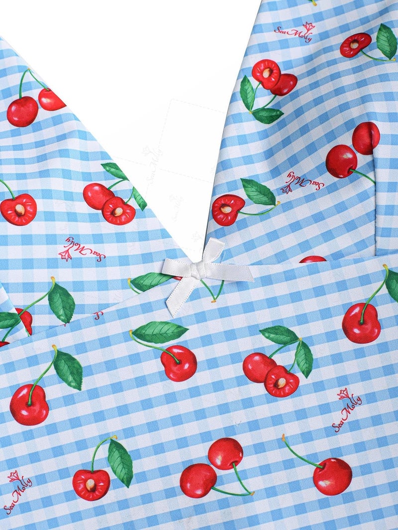 Tankini Set Vintage Gingham Cherry Print Sky Blue - Image 3
