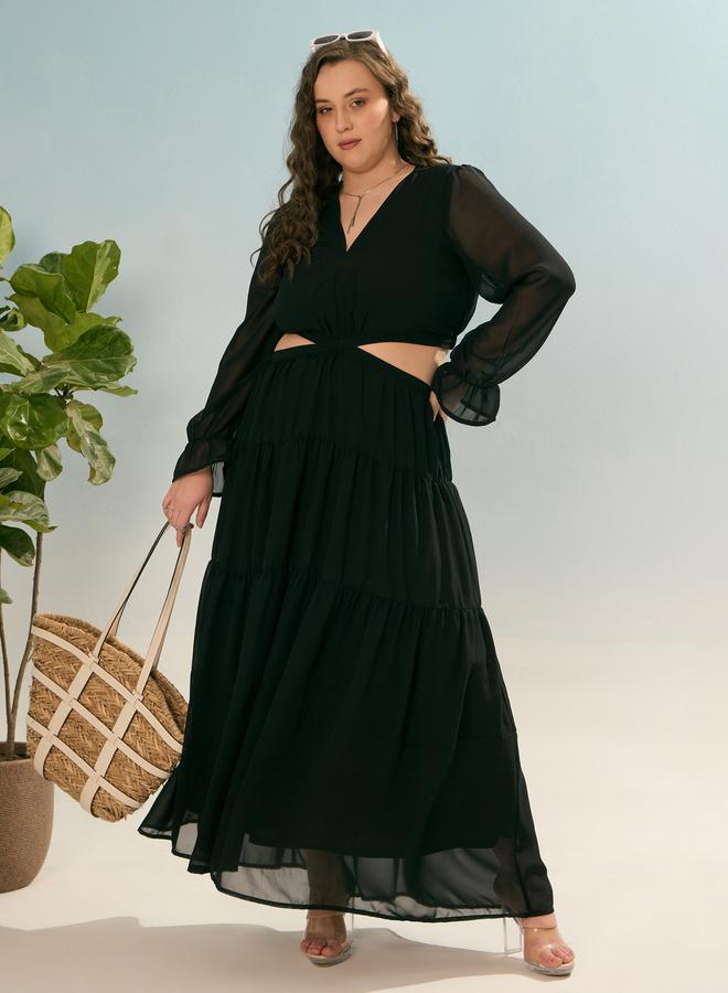 SASSAFRAS Plus Black Solid Waist Cut-Out Maxi Dress - Image 2