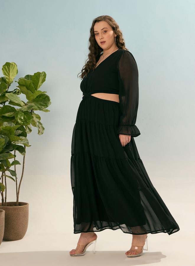 SASSAFRAS Plus Black Solid Waist Cut-Out Maxi Dress - Image 3