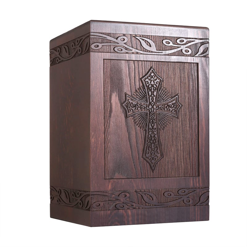 Cremation Urns for Human Ashes Adult Male Female Wooden Carved Cross Urns Box and Casket for Ashes Men Women Child Pets Cat Dog Urn Burial Funeral Memorial Urns for Ashes Holds 222 Cubic Inch