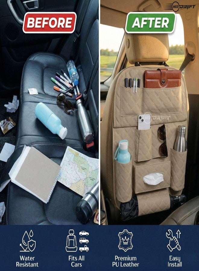 Neodrift 'Seat Master' Premium 7D Car Seat Organizer, Universal Fit, Multi-Pocket Storage for Bottles, Documents, Mobile, Keys, Tissues (Beige) - Image 2