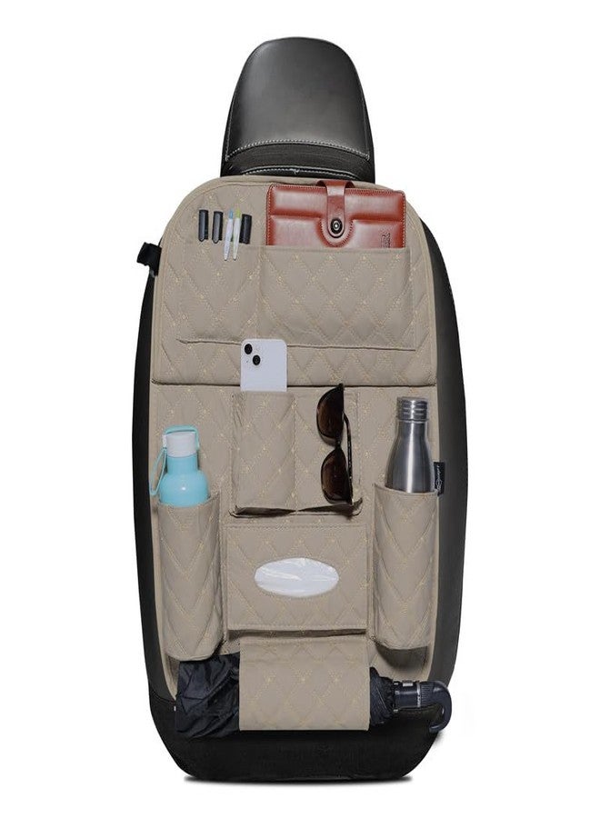 Neodrift 'Seat Master' Premium 7D Car Seat Organizer, Universal Fit, Multi-Pocket Storage for Bottles, Documents, Mobile, Keys, Tissues (Beige) - Image 1