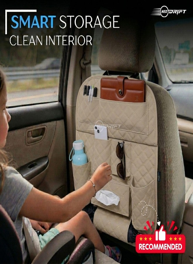 Neodrift 'Seat Master' Premium 7D Car Seat Organizer, Universal Fit, Multi-Pocket Storage for Bottles, Documents, Mobile, Keys, Tissues (Beige) - Image 4