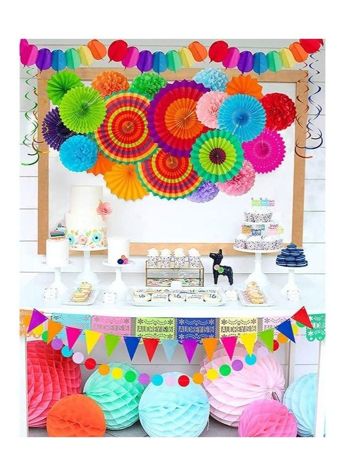 Party Decorations Festival Accessories, 33pcs Birthday Fiesta Bunting Decoration Supplies for Women and Men, Hanging Paper Fans with Rainbow Pom Poms Streamers for Outdoor Garden Home Décor - Image 5