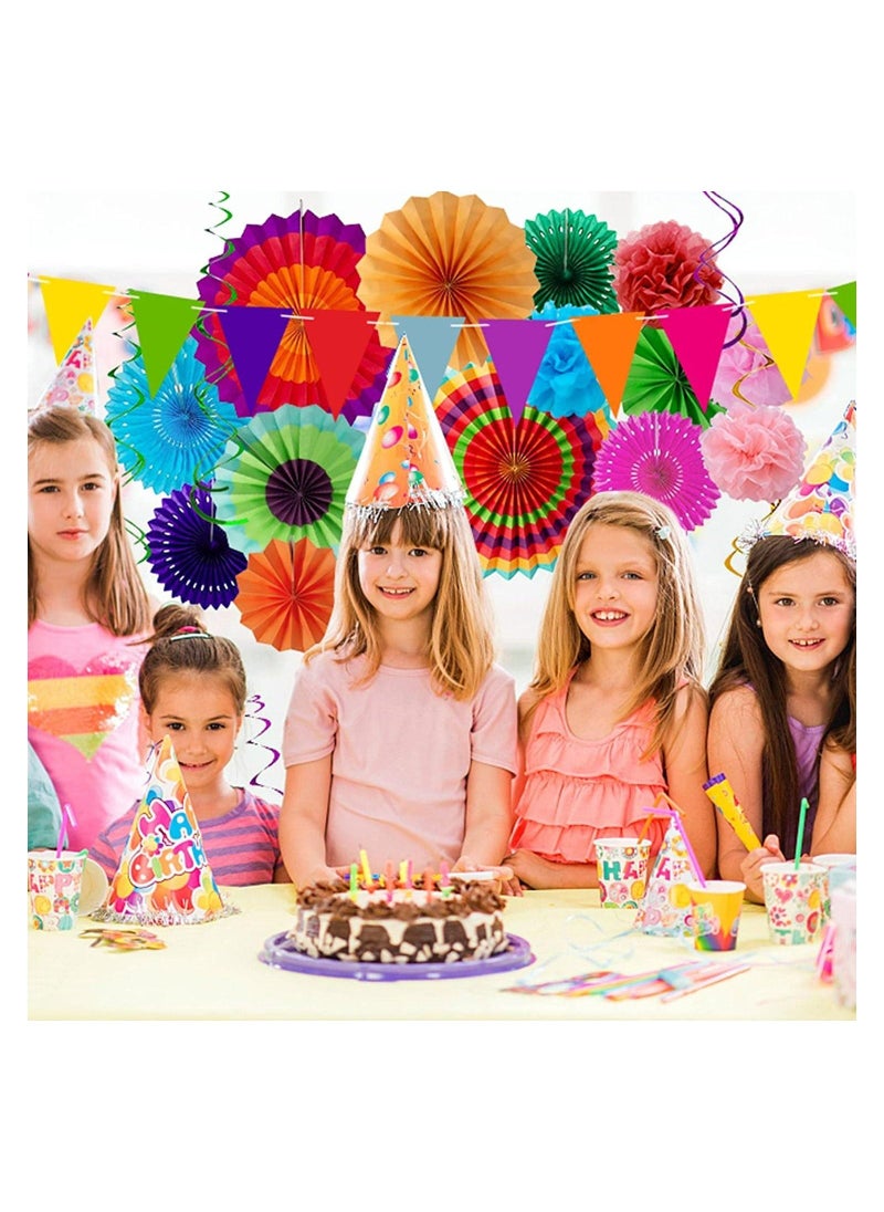 Party Decorations Festival Accessories, 33pcs Birthday Fiesta Bunting Decoration Supplies for Women and Men, Hanging Paper Fans with Rainbow Pom Poms Streamers for Outdoor Garden Home Décor - Image 4