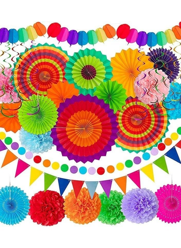 Party Decorations Festival Accessories, 33pcs Birthday Fiesta Bunting Decoration Supplies for Women and Men, Hanging Paper Fans with Rainbow Pom Poms Streamers for Outdoor Garden Home Décor - Image 1