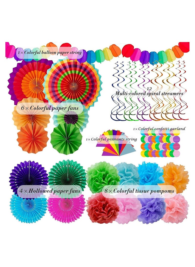 Party Decorations Festival Accessories, 33pcs Birthday Fiesta Bunting Decoration Supplies for Women and Men, Hanging Paper Fans with Rainbow Pom Poms Streamers for Outdoor Garden Home Décor - Image 2