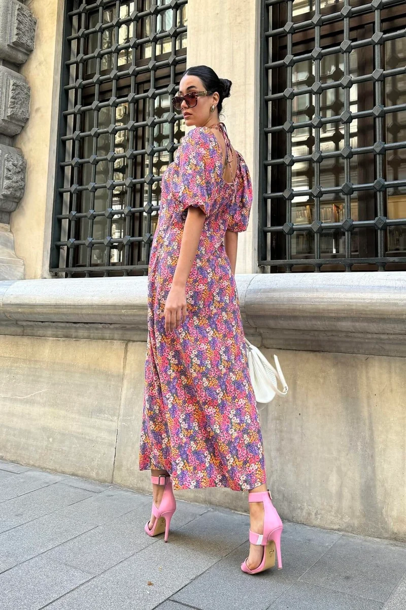 فور يو مودا Natural Viscose Tie Neck Patterned Long Lilac Dress