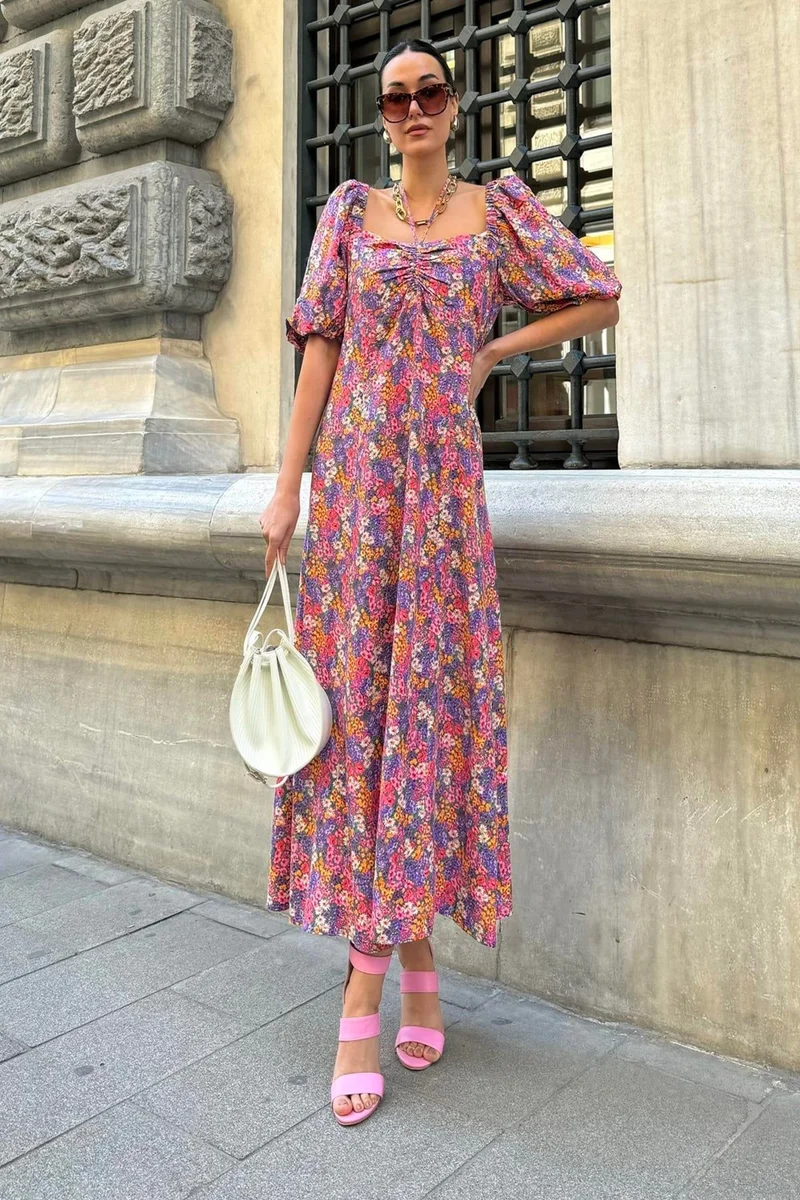 فور يو مودا Natural Viscose Tie Neck Patterned Long Lilac Dress