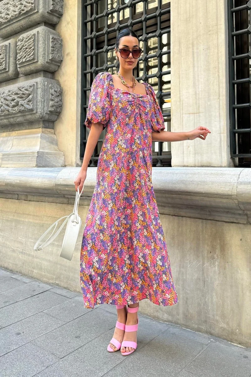 فور يو مودا Natural Viscose Tie Neck Patterned Long Lilac Dress