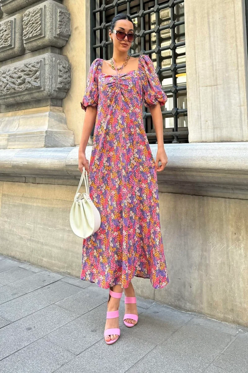 فور يو مودا Natural Viscose Tie Neck Patterned Long Lilac Dress