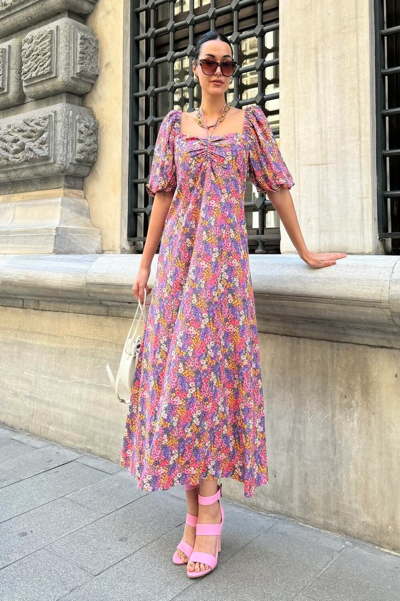فور يو مودا Natural Viscose Tie Neck Patterned Long Lilac Dress