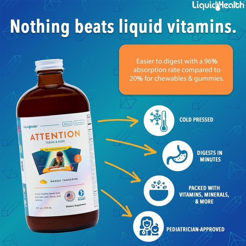 LIQUIDHEALTH ليكويد هيلث مكمل متعدد الفيتامينات السائل للأطفال والمراهقين يحسن الذاكرة والتركيز والمزاج والاسترخاء 16 أونصة - Image 2