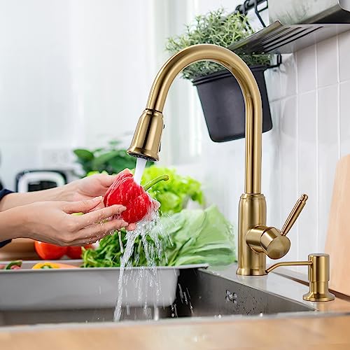 WOWOW Gold Kitchen Faucet with Soap Dispenser WOWOW Stainless Steel Kitchen Faucet for Sink 2 or 4 Hole High Arc Vintage Kitchen Sink Faucet with Pull Down Sprayer - Image 3