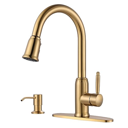 WOWOW Gold Kitchen Faucet with Soap Dispenser WOWOW Stainless Steel Kitchen Faucet for Sink 2 or 4 Hole High Arc Vintage Kitchen Sink Faucet with Pull Down Sprayer - Image 1