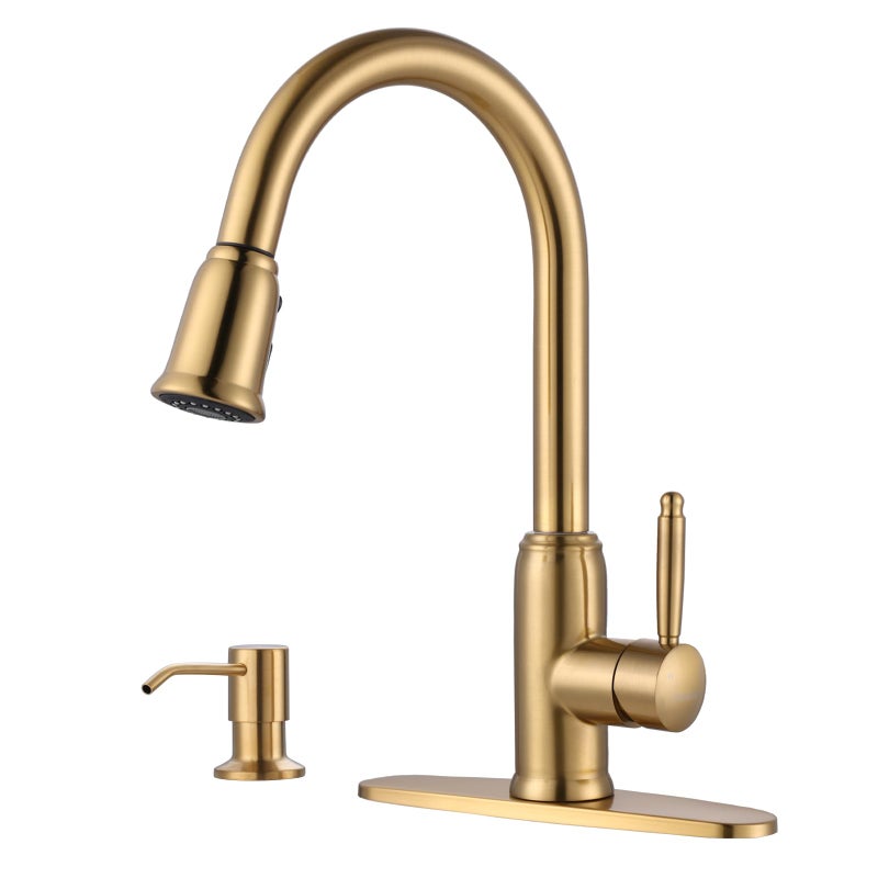 WOWOW Gold Kitchen Faucet with Soap Dispenser WOWOW Stainless Steel Kitchen Faucet for Sink 2 or 4 Hole High Arc Vintage Kitchen Sink Faucet with Pull Down Sprayer - Image 2
