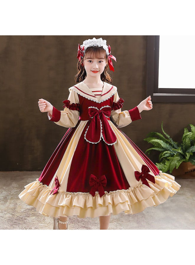 Luobobeibei Girls Princess Dress Autumn Korean Style Children's Dress Cute Lolita New Year Dress Red 140 - Image 1