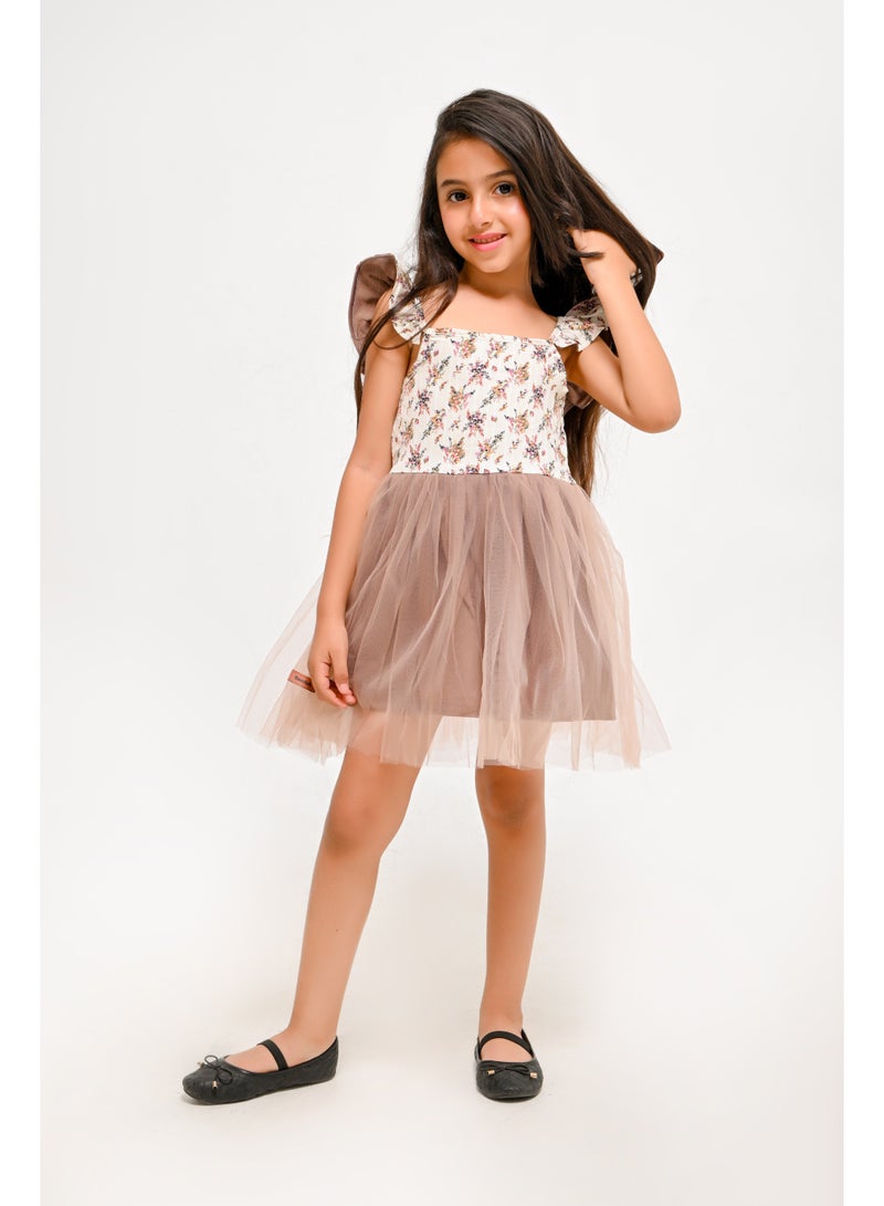 Girls Floral Ruffle Sleeve Tulle Dress - Image 1