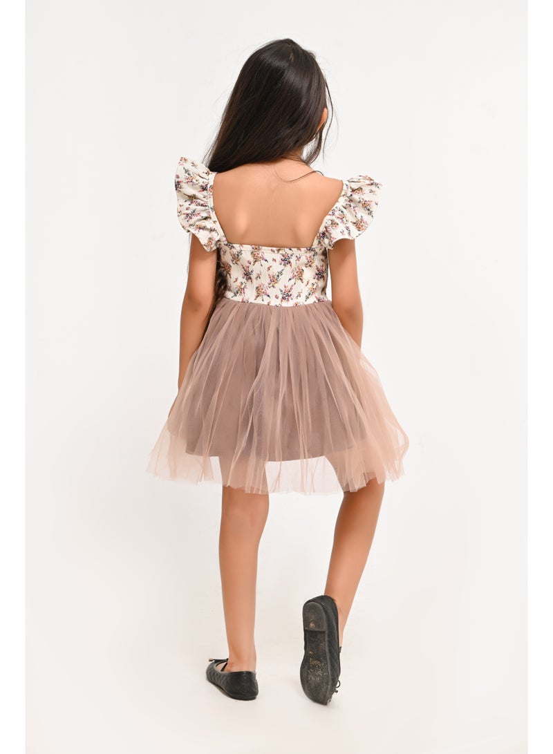 Girls Floral Ruffle Sleeve Tulle Dress - Image 3