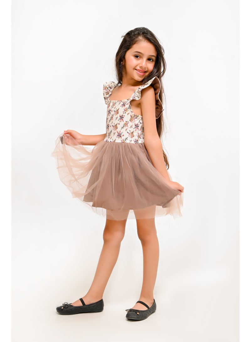Girls Floral Ruffle Sleeve Tulle Dress - Image 2