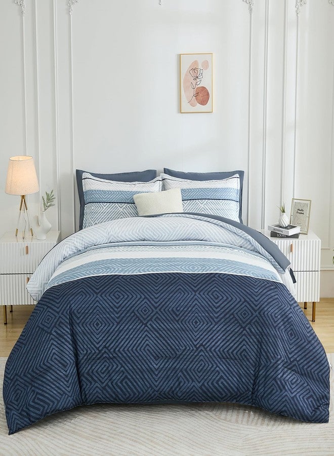 Drucon Boho Comforter Set Queen Size 7 Piece Bed in a Bag, Blue Striped Bedding Set, Soft Microfiber Comforter and Sheet Set for All Season (Queen, 90"x90") - Image 2