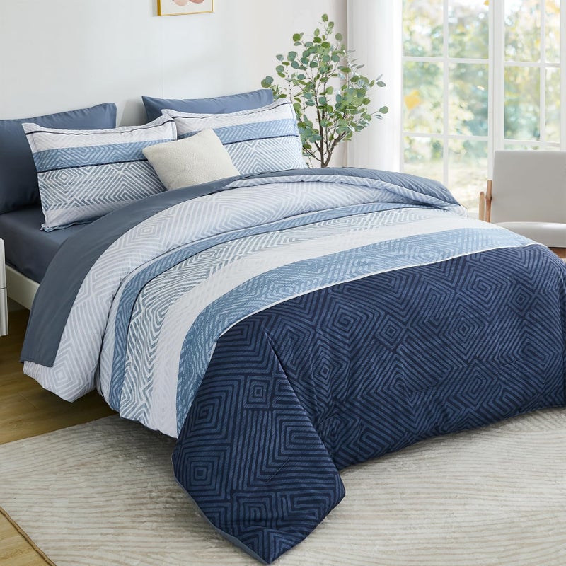 Drucon Boho Comforter Set Queen Size 7 Piece Bed in a Bag, Blue Striped Bedding Set, Soft Microfiber Comforter and Sheet Set for All Season (Queen, 90"x90") - Image 1