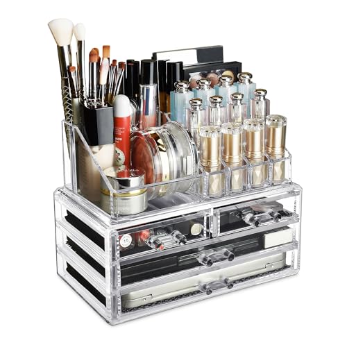 Ikee Design Acrylic Makeup Organizer with 4 Drawers and Removable Top Lipstick Holders, Ideal for Make-up or Accessories,Enhance Your Vanity or Bathroom with Clear Design for Quick Visibility - Image 1