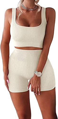 YESDOO Women's Workout Outfits Ribbed Tank 2 Piece Seamless High Waist Gym Outfit Yoga Shorts Leggings Sets - Image 1