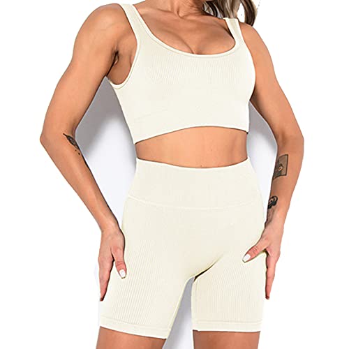 YESDOO Women's Workout Outfits Ribbed Tank 2 Piece Seamless High Waist Gym Outfit Yoga Shorts Leggings Sets - Image 3