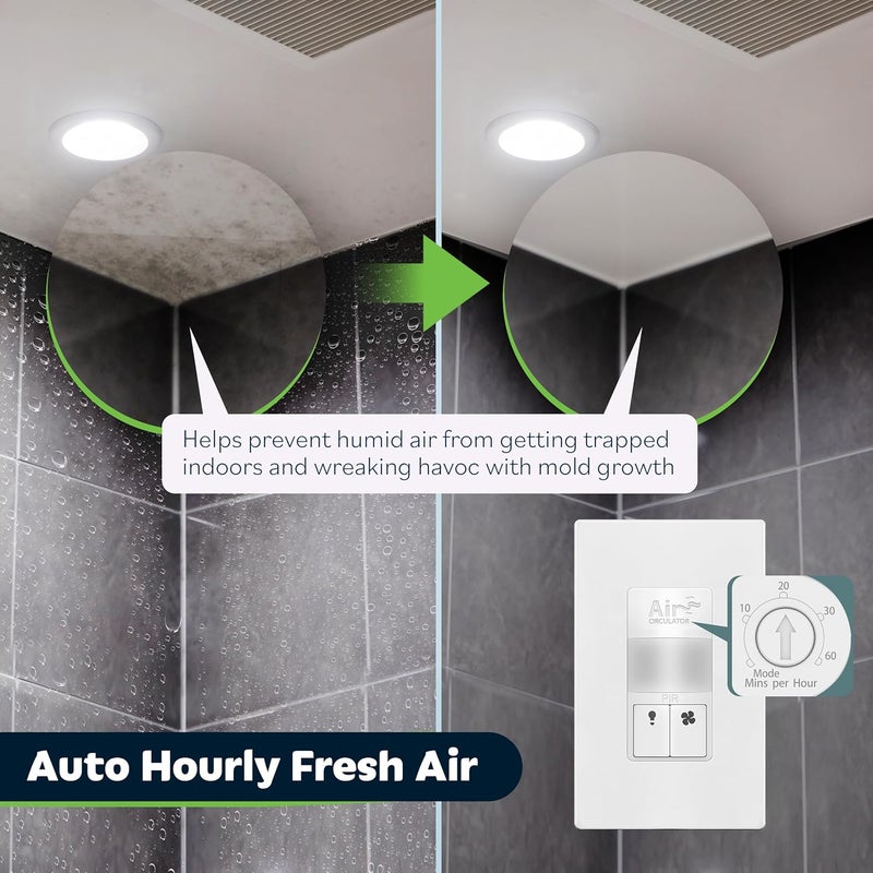 TOPGREENER Dual Load Air Circulator Switch, Infrared PIR Motion Sensor Timer for Bathroom Exhaust Fan & Light Combo, Neutral Wire Required Auto Hourly Fresh Air Switch, TDTOS5-W, White - Image 3