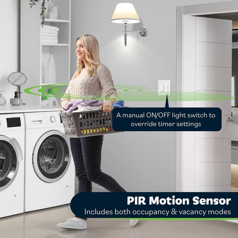 TOPGREENER Dual Load Air Circulator Switch, Infrared PIR Motion Sensor Timer for Bathroom Exhaust Fan & Light Combo, Neutral Wire Required Auto Hourly Fresh Air Switch, TDTOS5-W, White - Image 4