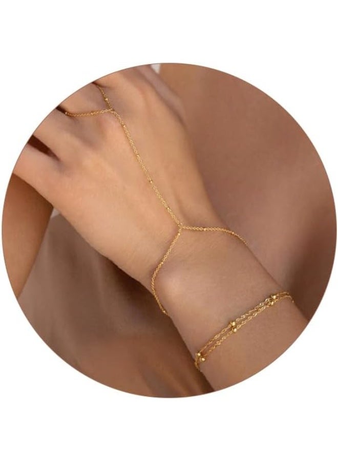 Ucanbe 18K Gold-Plated Stainless Steel Finger Bracelet – Satellite Chain Hand Jewelry with Bead Details - Image 5