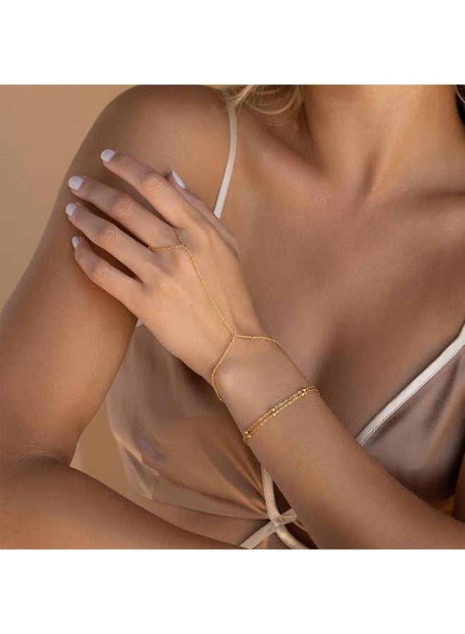 Ucanbe 18K Gold-Plated Stainless Steel Finger Bracelet – Satellite Chain Hand Jewelry with Bead Details - Image 4