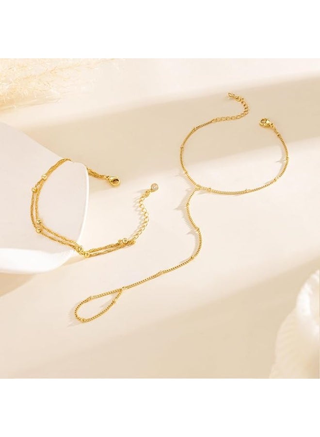 Ucanbe 18K Gold-Plated Stainless Steel Finger Bracelet – Satellite Chain Hand Jewelry with Bead Details - Image 2