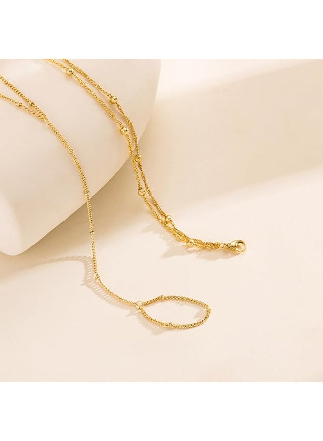 Ucanbe 18K Gold-Plated Stainless Steel Finger Bracelet – Satellite Chain Hand Jewelry with Bead Details - Image 1