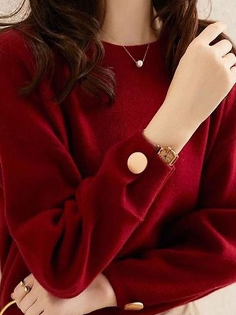 YUNIQEE سويت شيرت قطن ماروني بأكمام طويلة وياقة دائرية - Image 2