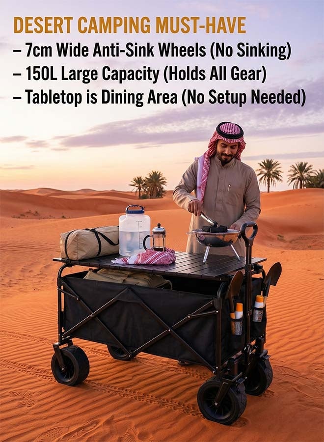Beauenty Foldable Camping Wagon with Removable Fabric & Foldable Tabletop Set – 200kg Capacity for Saudi Desert Camping, Ramadan Picnic & Garden Use（8-inch wheel -folding table-Black） ﻿ ﻿ - Image 4