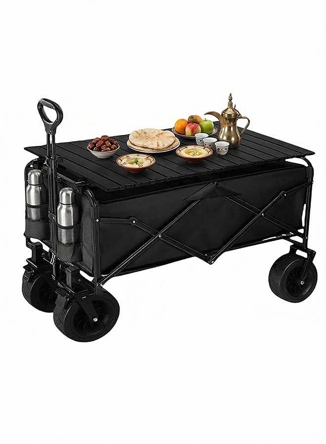 Beauenty Foldable Camping Wagon with Removable Fabric & Foldable Tabletop Set – 200kg Capacity for Saudi Desert Camping, Ramadan Picnic & Garden Use（8-inch wheel -folding table-Black） ﻿ ﻿ - Image 1