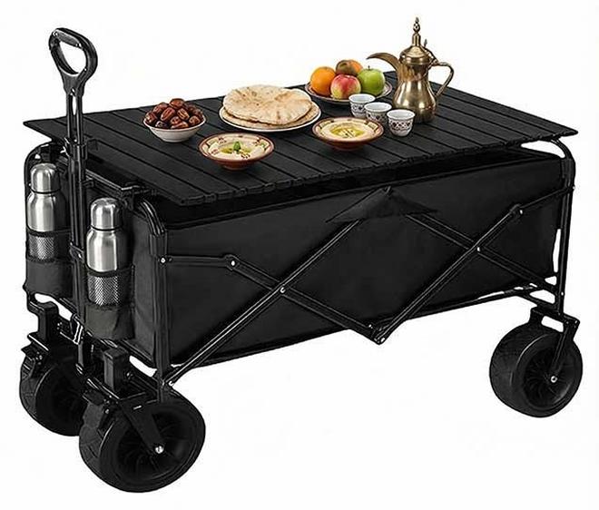 Beauenty Foldable Camping Wagon with Removable Fabric & Foldable Tabletop Set – 200kg Capacity for Saudi Desert Camping, Ramadan Picnic & Garden Use（8-inch wheel -folding table-Black） ﻿ ﻿ - Image 1