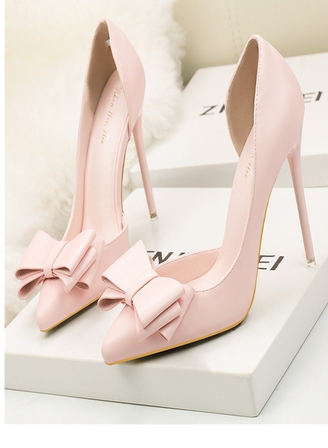 Eloshman Fashionable And Delicate, Sweet Bow, Shallow Mouthed Pointed Side Cut High Heels Pink - Image 2