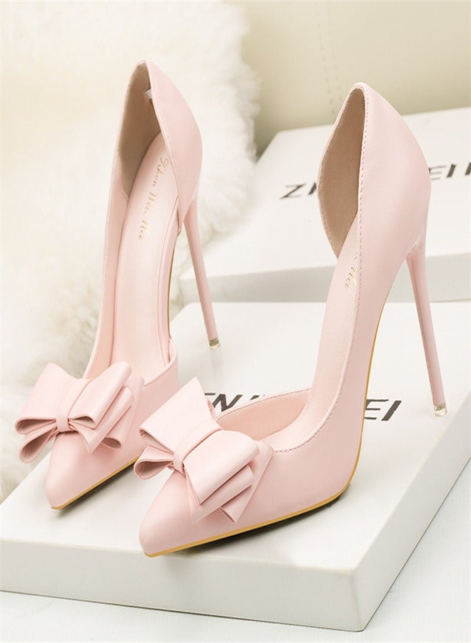 Eloshman Fashionable And Delicate, Sweet Bow, Shallow Mouthed Pointed Side Cut High Heels Pink - Image 1