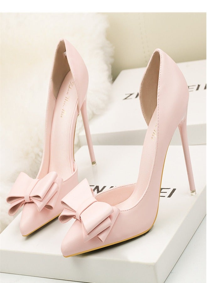 Eloshman Fashionable And Delicate, Sweet Bow, Shallow Mouthed Pointed Side Cut High Heels Pink - Image 3